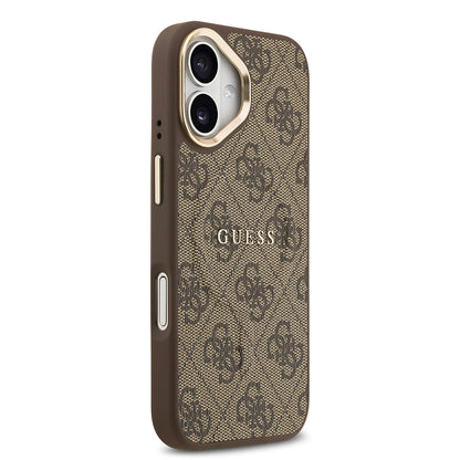 iPhone 17 Kılıf Guess Orjinal Lisanslı M-safe Şarj Özellikli Gold Metal Kamera Çerçeveli PU Deri 4G Desenli Yazı Logolu Kapak