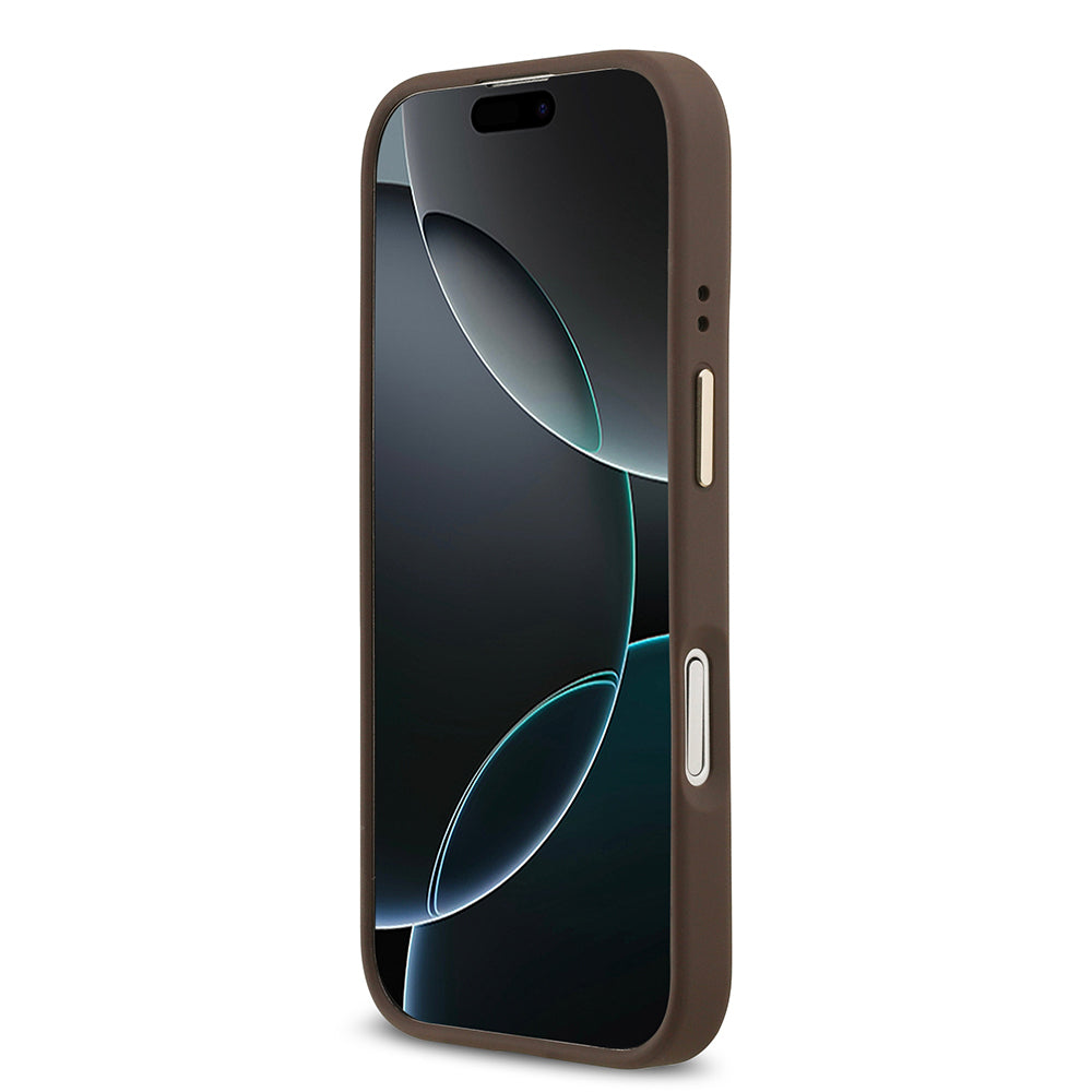 iPhone 17 Kılıf Guess Orjinal Lisanslı M-safe Şarj Özellikli Gold Metal Kamera Çerçeveli PU Deri 4G Desenli Yazı Logolu Kapak