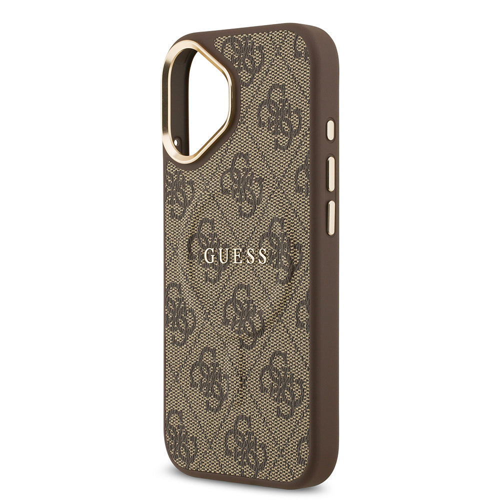 iPhone 17 Kılıf Guess Orjinal Lisanslı M-safe Şarj Özellikli Gold Metal Kamera Çerçeveli PU Deri 4G Desenli Yazı Logolu Kapak