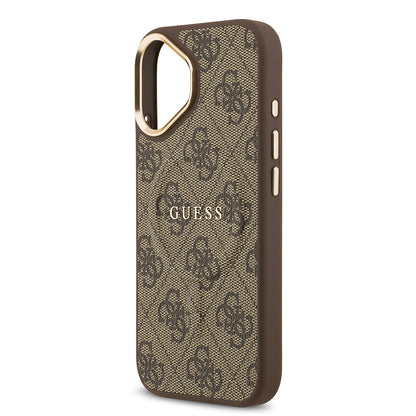 iPhone 17 Kılıf Guess Orjinal Lisanslı M-safe Şarj Özellikli Gold Metal Kamera Çerçeveli PU Deri 4G Desenli Yazı Logolu Kapak
