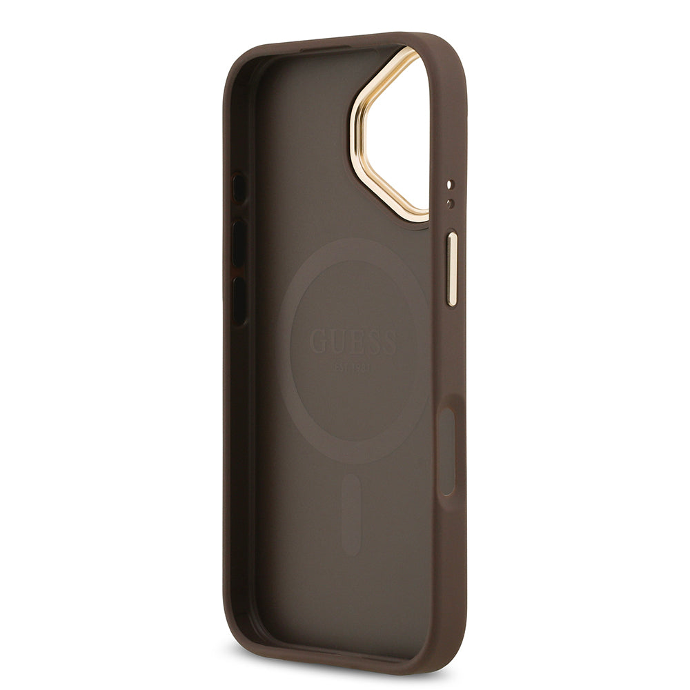 iPhone 17 Kılıf Guess Orjinal Lisanslı M-safe Şarj Özellikli Gold Metal Kamera Çerçeveli PU Deri 4G Desenli Yazı Logolu Kapak