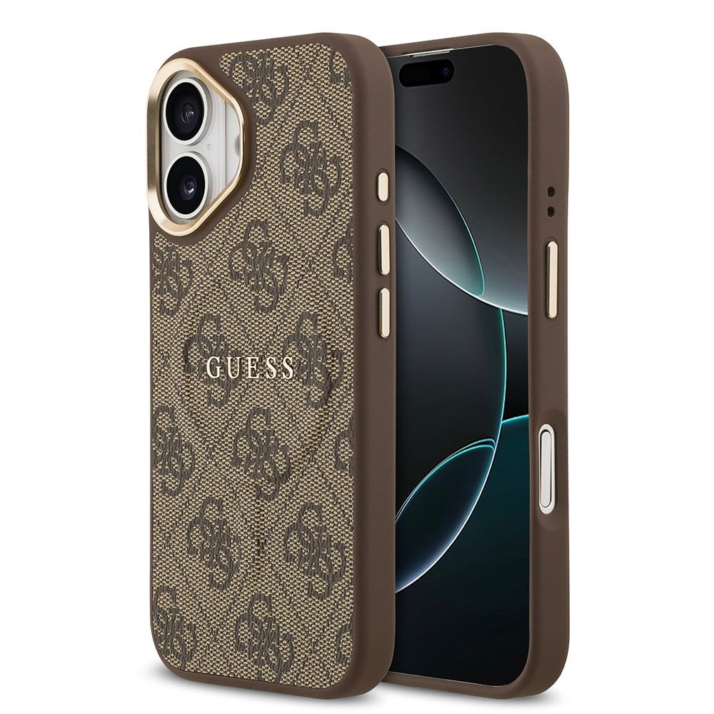 iPhone 17 Kılıf Guess Orjinal Lisanslı M-safe Şarj Özellikli Gold Metal Kamera Çerçeveli PU Deri 4G Desenli Yazı Logolu Kapak