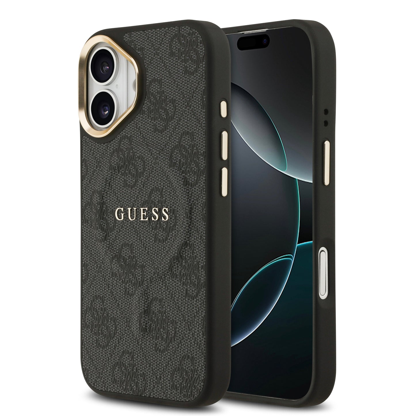 iPhone 17 Kılıf Guess Orjinal Lisanslı M-safe Şarj Özellikli Gold Metal Kamera Çerçeveli PU Deri 4G Desenli Yazı Logolu Kapak