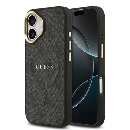 iPhone 17 Kılıf Guess Orjinal Lisanslı M-safe Şarj Özellikli Gold Metal Kamera Çerçeveli PU Deri 4G Desenli Yazı Logolu Kapak