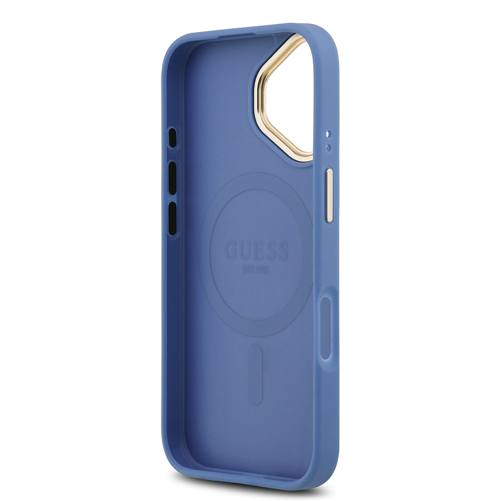 iPhone 17 Kılıf Guess Orjinal Lisanslı M-safe Şarj Özellikli Gold Metal Kamera Çerçeveli PU Deri 4G Desenli Yazı Logolu Kapak