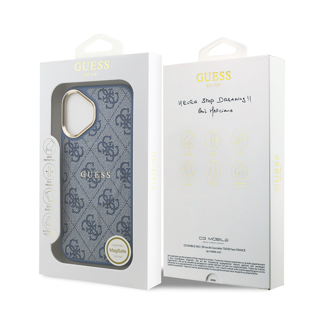 iPhone 17 Kılıf Guess Orjinal Lisanslı M-safe Şarj Özellikli Gold Metal Kamera Çerçeveli PU Deri 4G Desenli Yazı Logolu Kapak