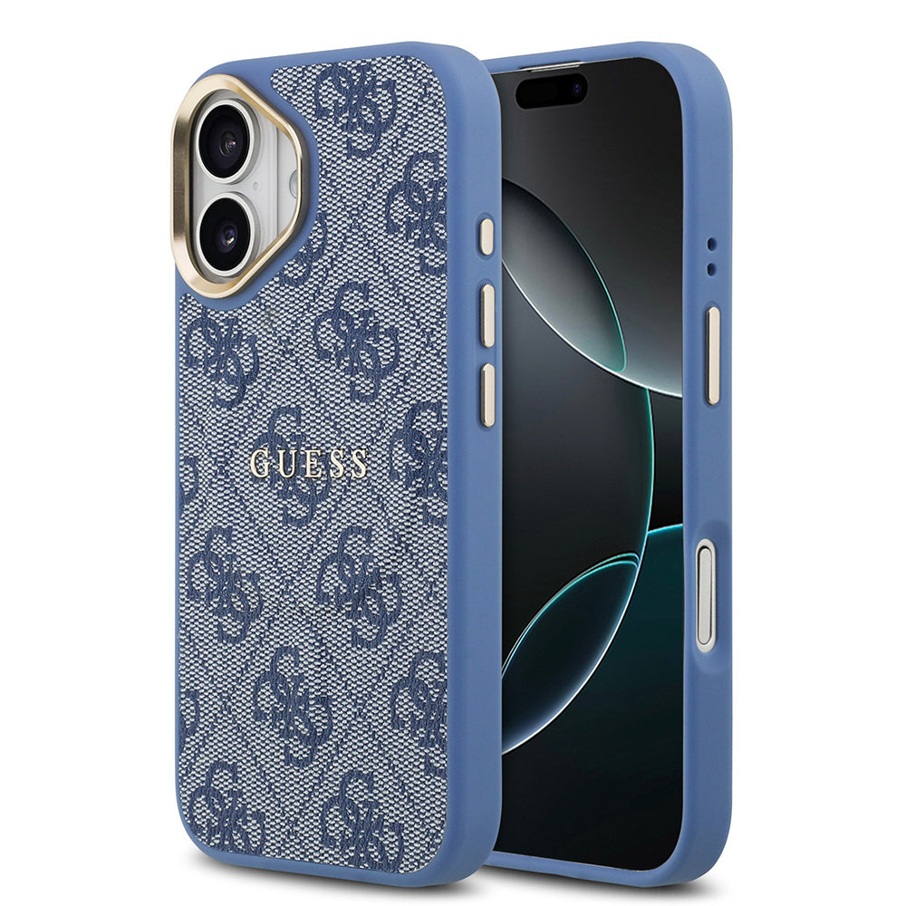 iPhone 17 Kılıf Guess Orjinal Lisanslı M-safe Şarj Özellikli Gold Metal Kamera Çerçeveli PU Deri 4G Desenli Yazı Logolu Kapak