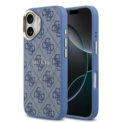 iPhone 17 Kılıf Guess Orjinal Lisanslı M-safe Şarj Özellikli Gold Metal Kamera Çerçeveli PU Deri 4G Desenli Yazı Logolu Kapak
