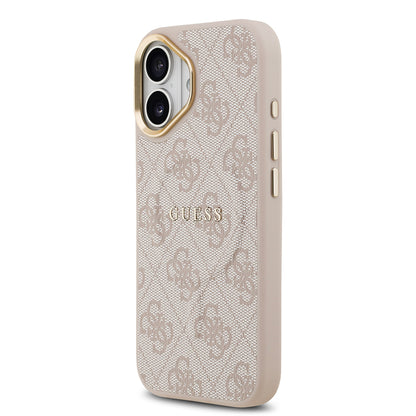 iPhone 17 Kılıf Guess Orjinal Lisanslı M-safe Şarj Özellikli Gold Metal Kamera Çerçeveli PU Deri 4G Desenli Yazı Logolu Kapak