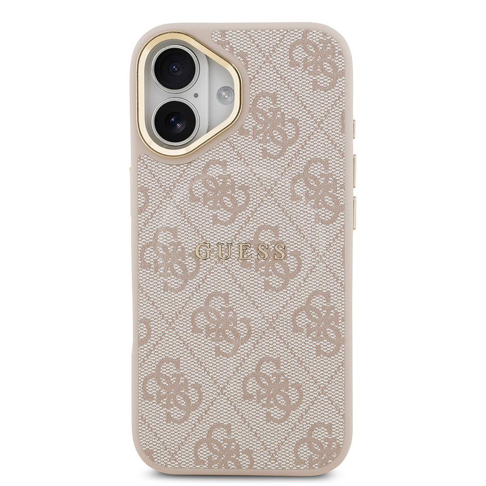 iPhone 17 Kılıf Guess Orjinal Lisanslı M-safe Şarj Özellikli Gold Metal Kamera Çerçeveli PU Deri 4G Desenli Yazı Logolu Kapak
