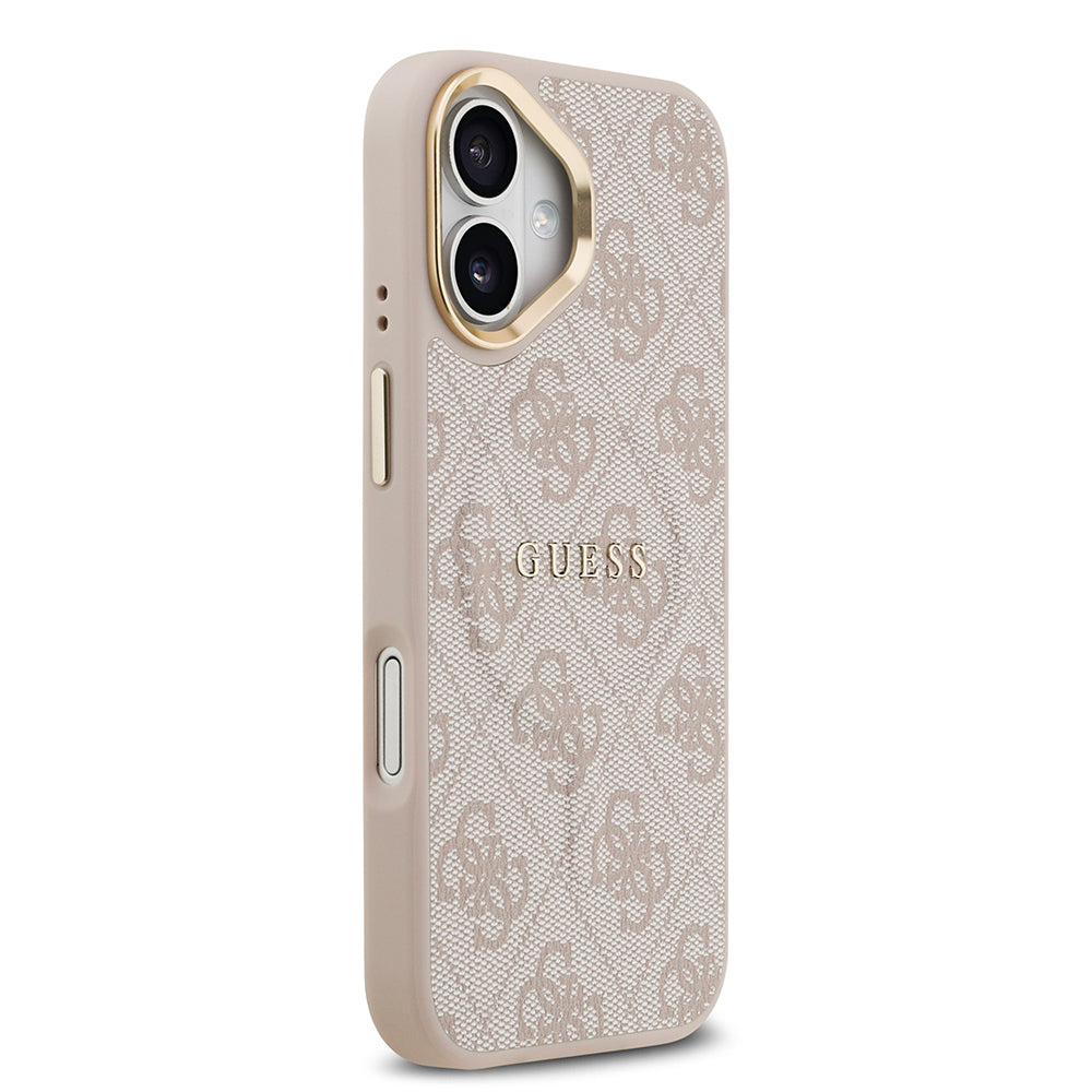 iPhone 17 Kılıf Guess Orjinal Lisanslı M-safe Şarj Özellikli Gold Metal Kamera Çerçeveli PU Deri 4G Desenli Yazı Logolu Kapak