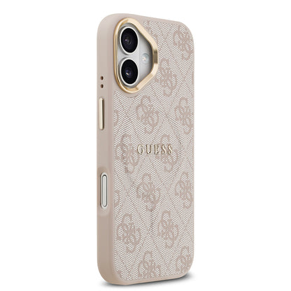 iPhone 17 Kılıf Guess Orjinal Lisanslı M-safe Şarj Özellikli Gold Metal Kamera Çerçeveli PU Deri 4G Desenli Yazı Logolu Kapak