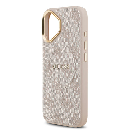 iPhone 17 Kılıf Guess Orjinal Lisanslı M-safe Şarj Özellikli Gold Metal Kamera Çerçeveli PU Deri 4G Desenli Yazı Logolu Kapak