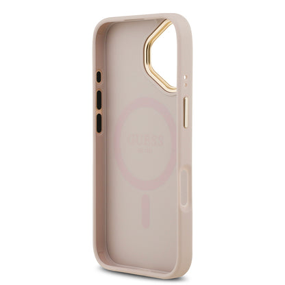 iPhone 17 Kılıf Guess Orjinal Lisanslı M-safe Şarj Özellikli Gold Metal Kamera Çerçeveli PU Deri 4G Desenli Yazı Logolu Kapak