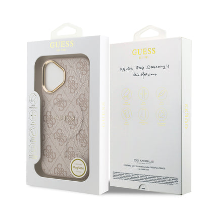 iPhone 17 Kılıf Guess Orjinal Lisanslı M-safe Şarj Özellikli Gold Metal Kamera Çerçeveli PU Deri 4G Desenli Yazı Logolu Kapak