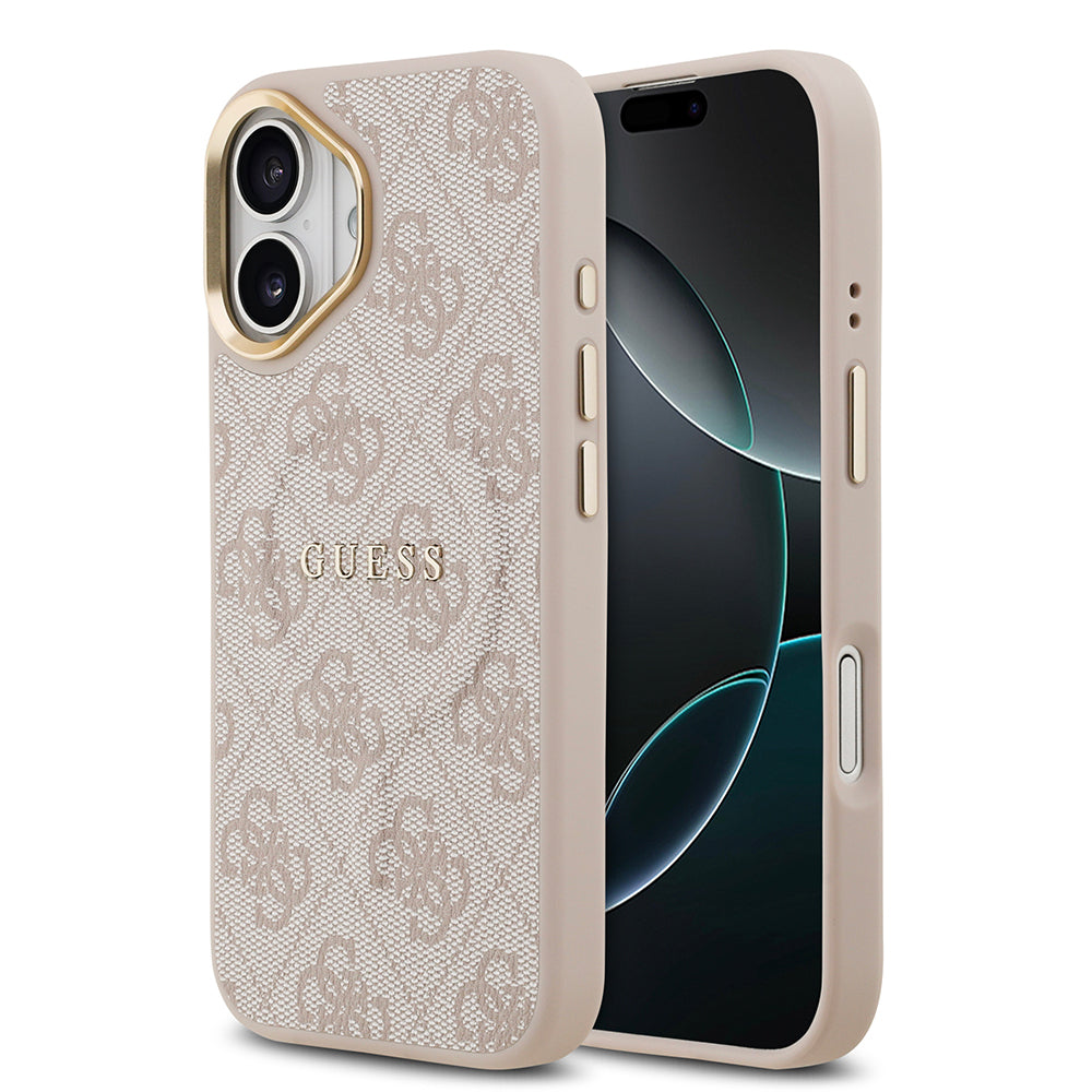 iPhone 17 Kılıf Guess Orjinal Lisanslı M-safe Şarj Özellikli Gold Metal Kamera Çerçeveli PU Deri 4G Desenli Yazı Logolu Kapak