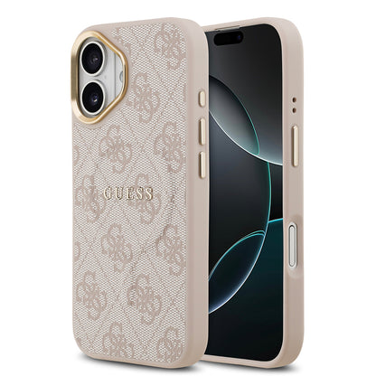 iPhone 17 Kılıf Guess Orjinal Lisanslı M-safe Şarj Özellikli Gold Metal Kamera Çerçeveli PU Deri 4G Desenli Yazı Logolu Kapak