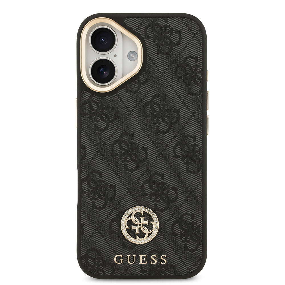 iPhone 17 Kılıf Guess Orjinal Lisanslı M-safe Şarj Özellikli Gold Metal Kamera Çerçeveli Taşlı 4G Logolu Kapak