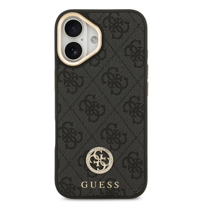 iPhone 17 Kılıf Guess Orjinal Lisanslı M-safe Şarj Özellikli Gold Metal Kamera Çerçeveli Taşlı 4G Logolu Kapak