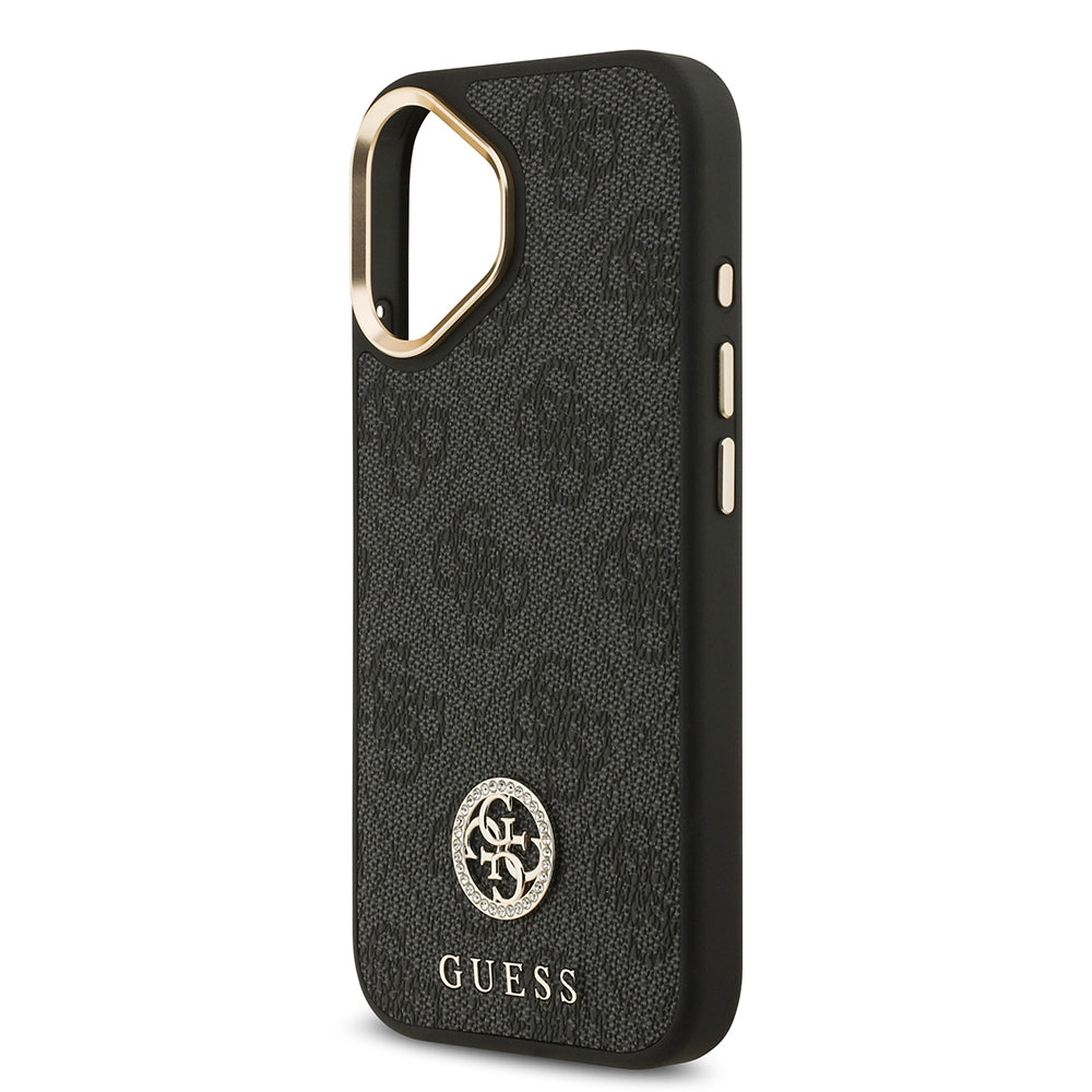 iPhone 17 Kılıf Guess Orjinal Lisanslı M-safe Şarj Özellikli Gold Metal Kamera Çerçeveli Taşlı 4G Logolu Kapak