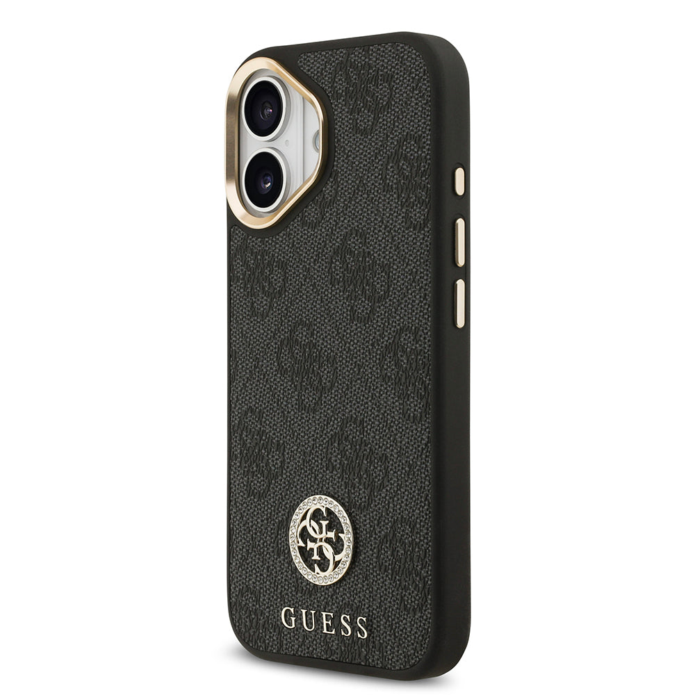 iPhone 17 Kılıf Guess Orjinal Lisanslı M-safe Şarj Özellikli Gold Metal Kamera Çerçeveli Taşlı 4G Logolu Kapak