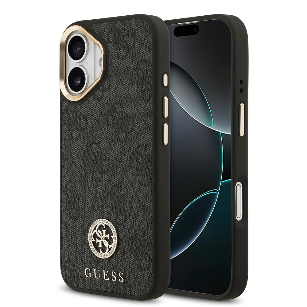 iPhone 17 Kılıf Guess Orjinal Lisanslı M-safe Şarj Özellikli Gold Metal Kamera Çerçeveli Taşlı 4G Logolu Kapak