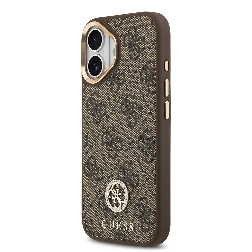 iPhone 17 Kılıf Guess Orjinal Lisanslı M-safe Şarj Özellikli Gold Metal Kamera Çerçeveli Taşlı 4G Logolu Kapak