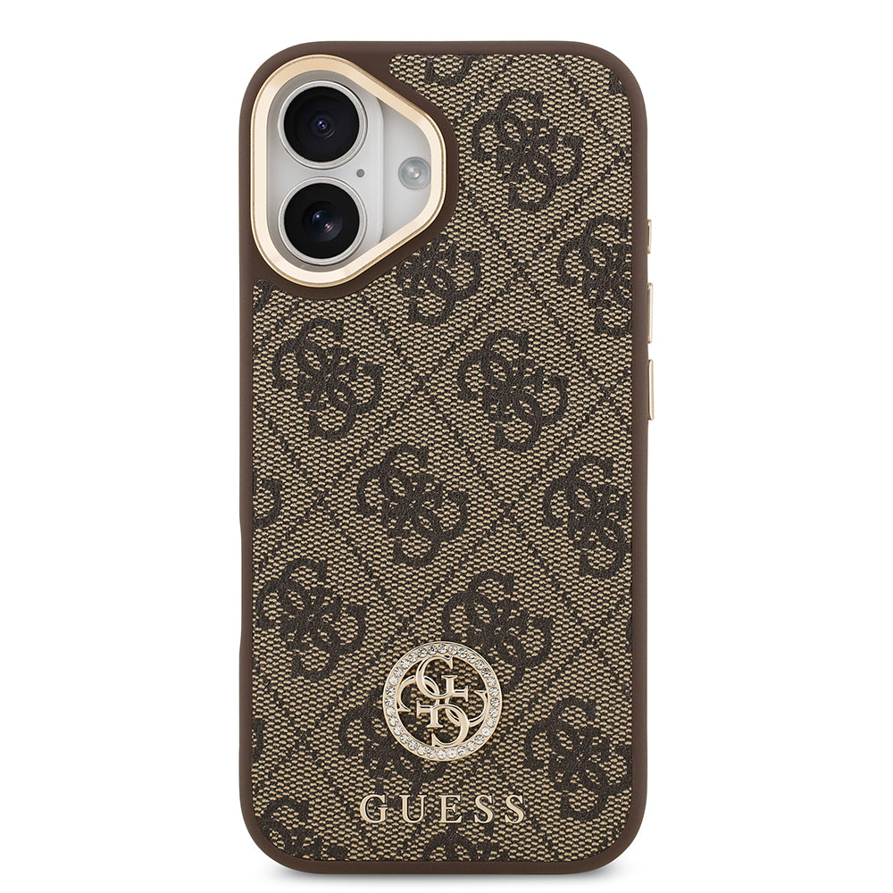 iPhone 17 Kılıf Guess Orjinal Lisanslı M-safe Şarj Özellikli Gold Metal Kamera Çerçeveli Taşlı 4G Logolu Kapak