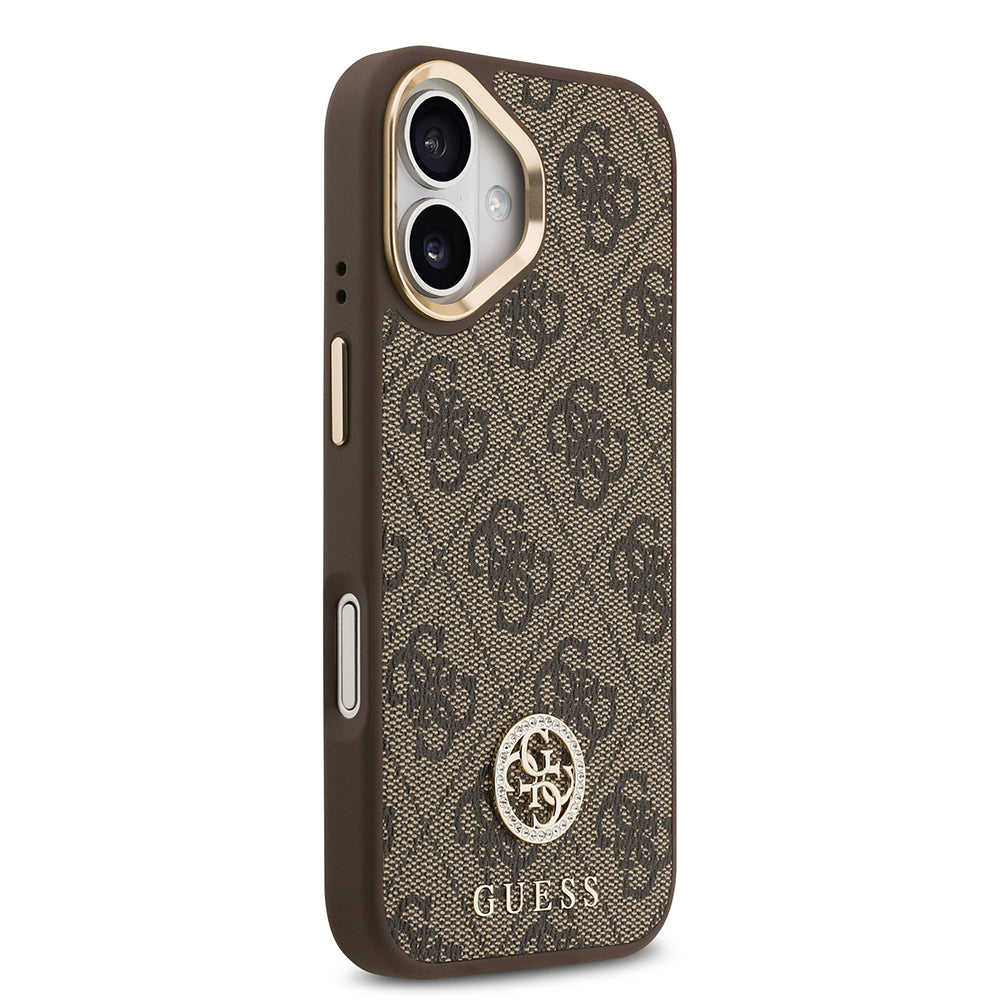 iPhone 17 Kılıf Guess Orjinal Lisanslı M-safe Şarj Özellikli Gold Metal Kamera Çerçeveli Taşlı 4G Logolu Kapak