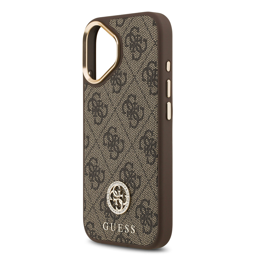 iPhone 17 Kılıf Guess Orjinal Lisanslı M-safe Şarj Özellikli Gold Metal Kamera Çerçeveli Taşlı 4G Logolu Kapak