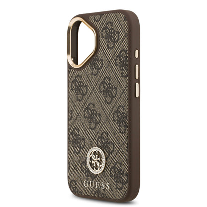 iPhone 17 Kılıf Guess Orjinal Lisanslı M-safe Şarj Özellikli Gold Metal Kamera Çerçeveli Taşlı 4G Logolu Kapak