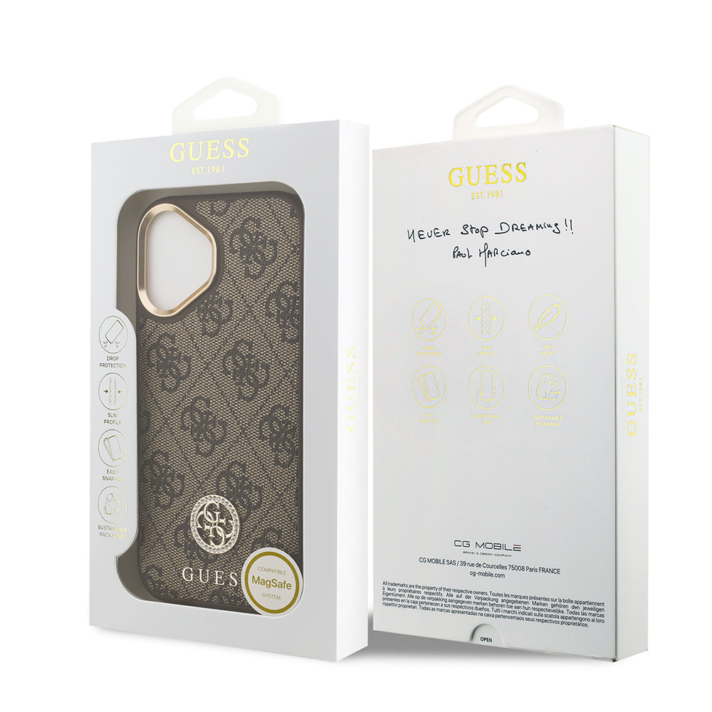 iPhone 17 Kılıf Guess Orjinal Lisanslı M-safe Şarj Özellikli Gold Metal Kamera Çerçeveli Taşlı 4G Logolu Kapak
