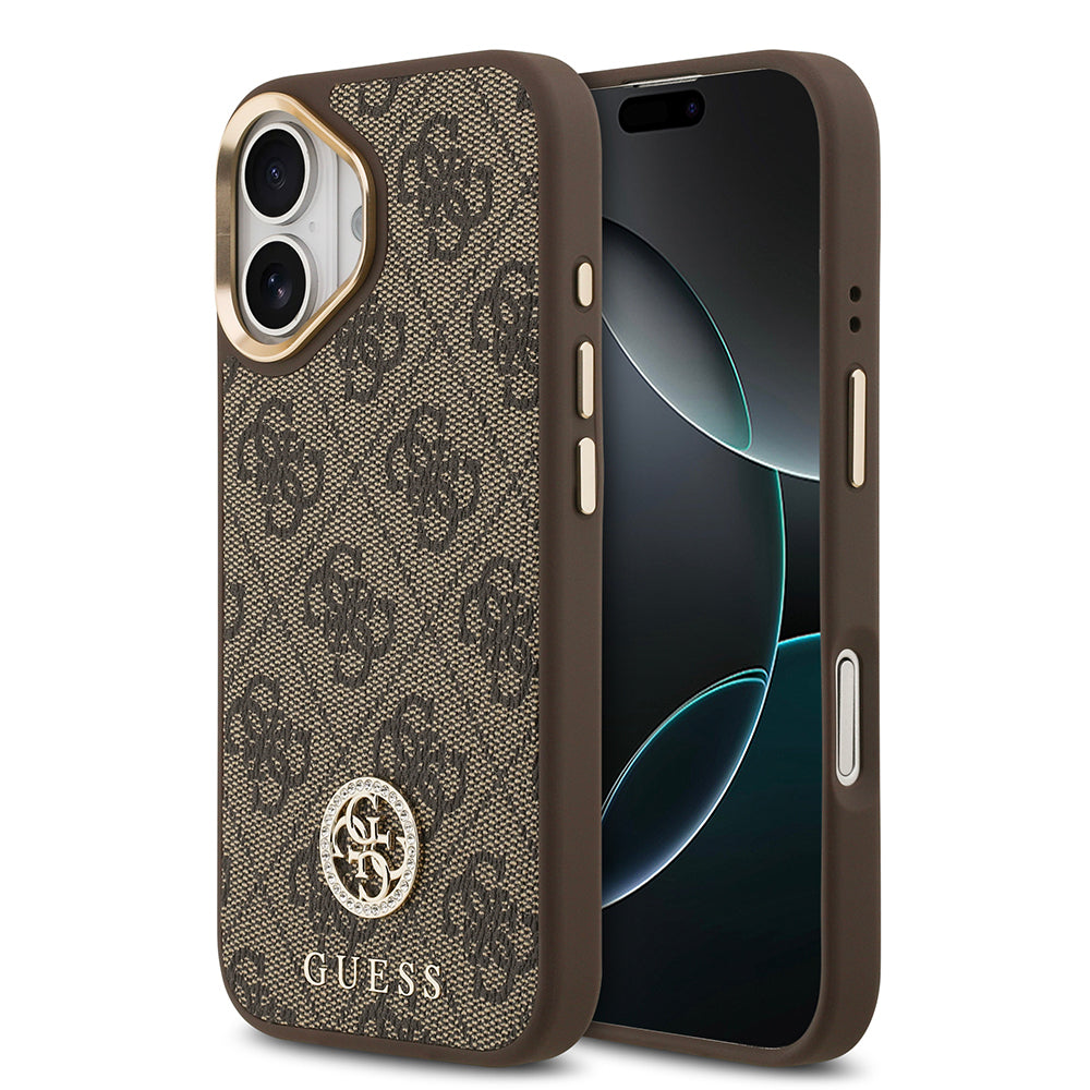 iPhone 17 Kılıf Guess Orjinal Lisanslı M-safe Şarj Özellikli Gold Metal Kamera Çerçeveli Taşlı 4G Logolu Kapak