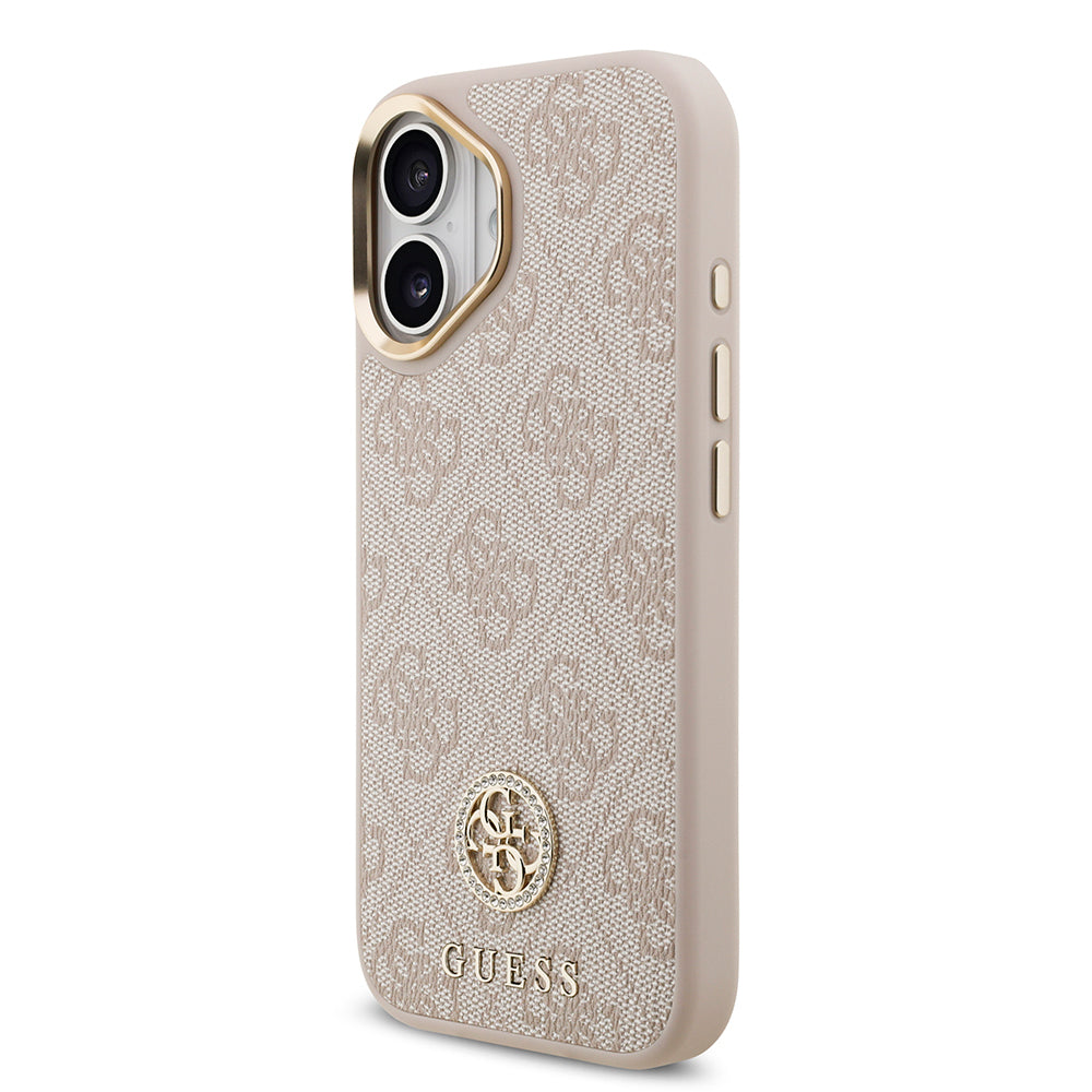 iPhone 17 Kılıf Guess Orjinal Lisanslı M-safe Şarj Özellikli Gold Metal Kamera Çerçeveli Taşlı 4G Logolu Kapak