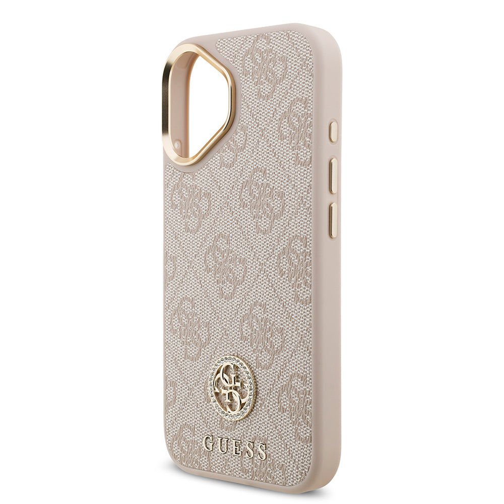 iPhone 17 Kılıf Guess Orjinal Lisanslı M-safe Şarj Özellikli Gold Metal Kamera Çerçeveli Taşlı 4G Logolu Kapak