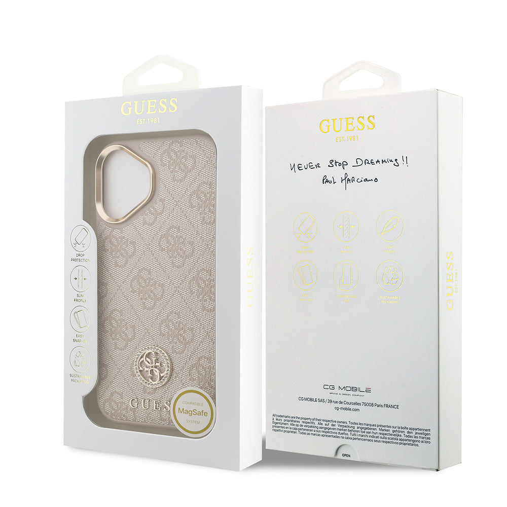 iPhone 17 Kılıf Guess Orjinal Lisanslı M-safe Şarj Özellikli Gold Metal Kamera Çerçeveli Taşlı 4G Logolu Kapak
