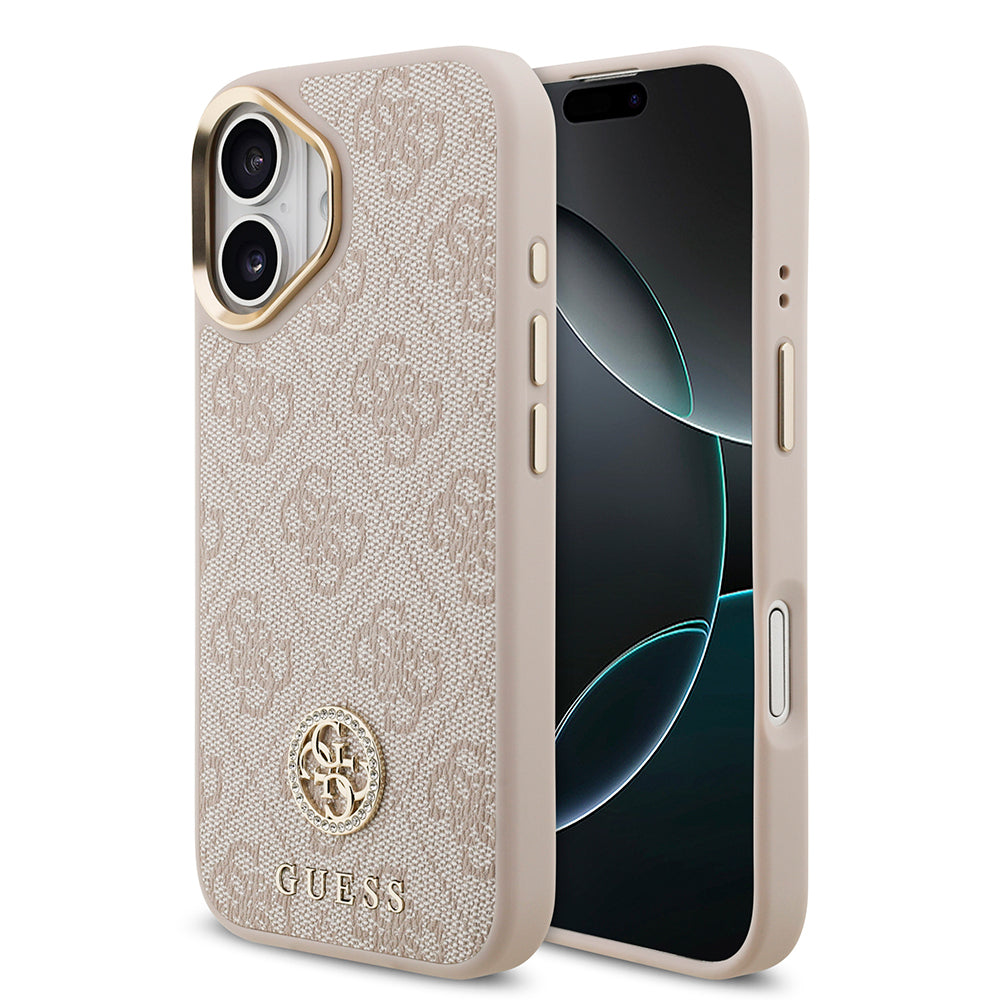 iPhone 17 Kılıf Guess Orjinal Lisanslı M-safe Şarj Özellikli Gold Metal Kamera Çerçeveli Taşlı 4G Logolu Kapak