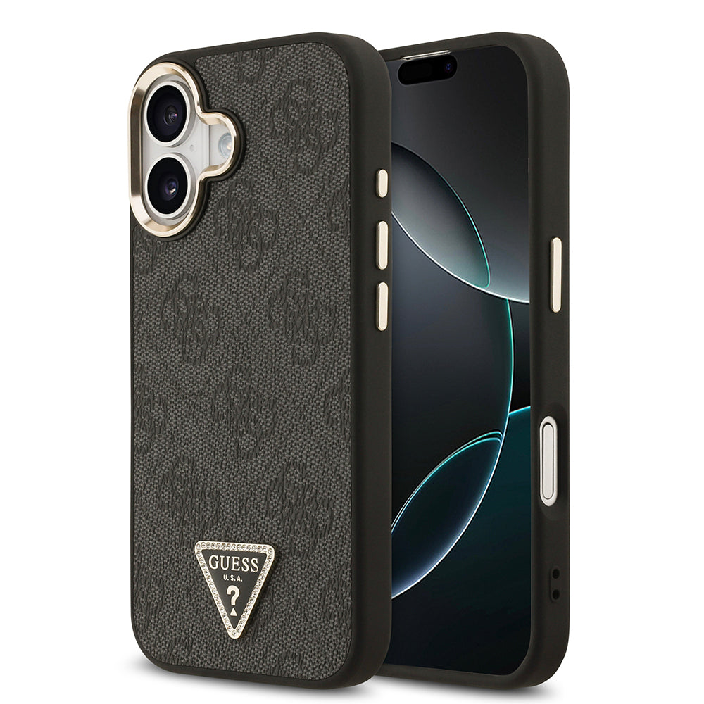 iPhone 17 Kılıf Guess Orjinal Lisanslı M-safe Şarj Özellikli Gold Metal Kamera Çerçeveli Taşlı Üçgen Logo 4G Desenli Kapak