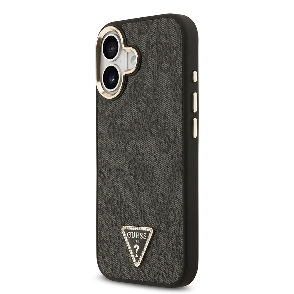 iPhone 17 Kılıf Guess Orjinal Lisanslı M-safe Şarj Özellikli Gold Metal Kamera Çerçeveli Taşlı Üçgen Logo 4G Desenli Kapak