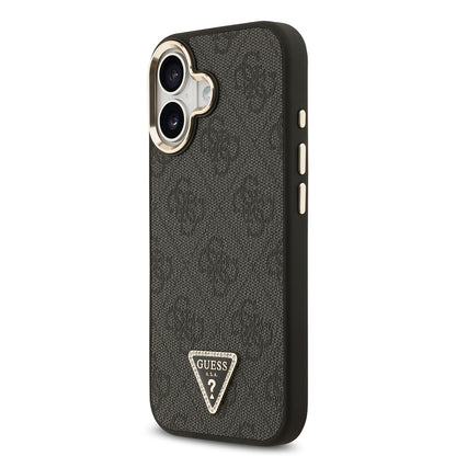 iPhone 17 Kılıf Guess Orjinal Lisanslı M-safe Şarj Özellikli Gold Metal Kamera Çerçeveli Taşlı Üçgen Logo 4G Desenli Kapak