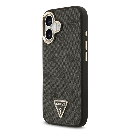 iPhone 17 Kılıf Guess Orjinal Lisanslı M-safe Şarj Özellikli Gold Metal Kamera Çerçeveli Taşlı Üçgen Logo 4G Desenli Kapak