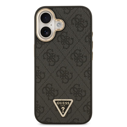 iPhone 17 Kılıf Guess Orjinal Lisanslı M-safe Şarj Özellikli Gold Metal Kamera Çerçeveli Taşlı Üçgen Logo 4G Desenli Kapak