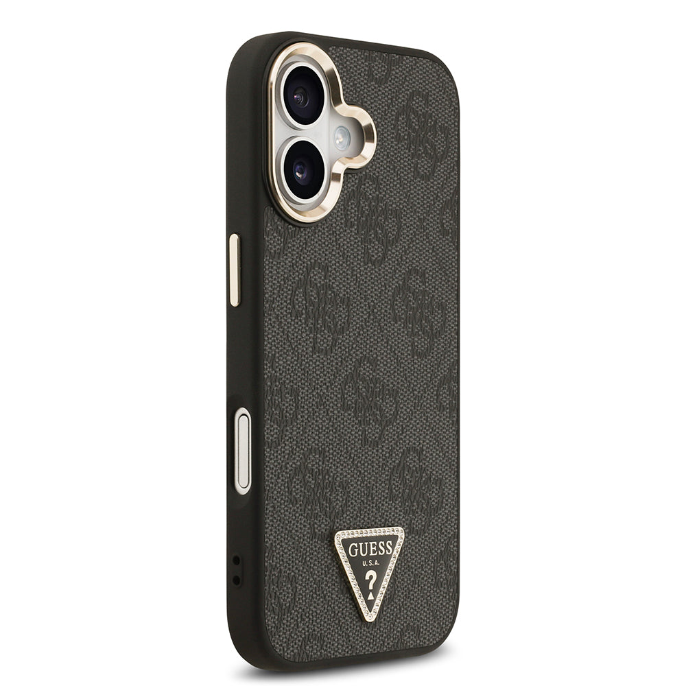iPhone 17 Kılıf Guess Orjinal Lisanslı M-safe Şarj Özellikli Gold Metal Kamera Çerçeveli Taşlı Üçgen Logo 4G Desenli Kapak