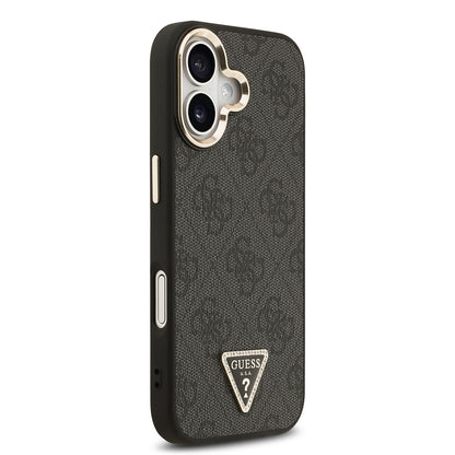 iPhone 17 Kılıf Guess Orjinal Lisanslı M-safe Şarj Özellikli Gold Metal Kamera Çerçeveli Taşlı Üçgen Logo 4G Desenli Kapak