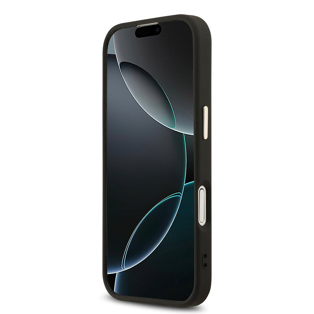iPhone 17 Kılıf Guess Orjinal Lisanslı M-safe Şarj Özellikli Gold Metal Kamera Çerçeveli Taşlı Üçgen Logo 4G Desenli Kapak