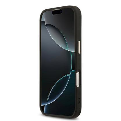 iPhone 17 Kılıf Guess Orjinal Lisanslı M-safe Şarj Özellikli Gold Metal Kamera Çerçeveli Taşlı Üçgen Logo 4G Desenli Kapak