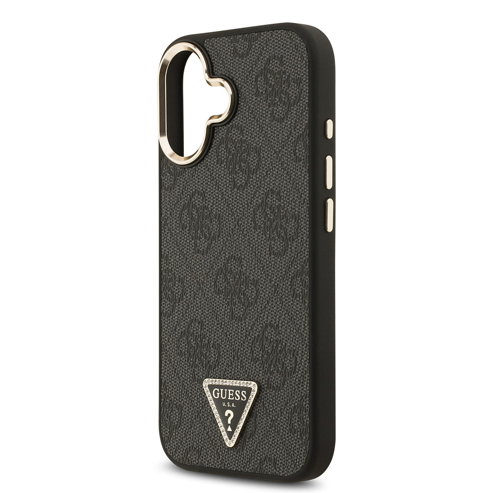 iPhone 17 Kılıf Guess Orjinal Lisanslı M-safe Şarj Özellikli Gold Metal Kamera Çerçeveli Taşlı Üçgen Logo 4G Desenli Kapak