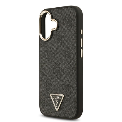 iPhone 17 Kılıf Guess Orjinal Lisanslı M-safe Şarj Özellikli Gold Metal Kamera Çerçeveli Taşlı Üçgen Logo 4G Desenli Kapak
