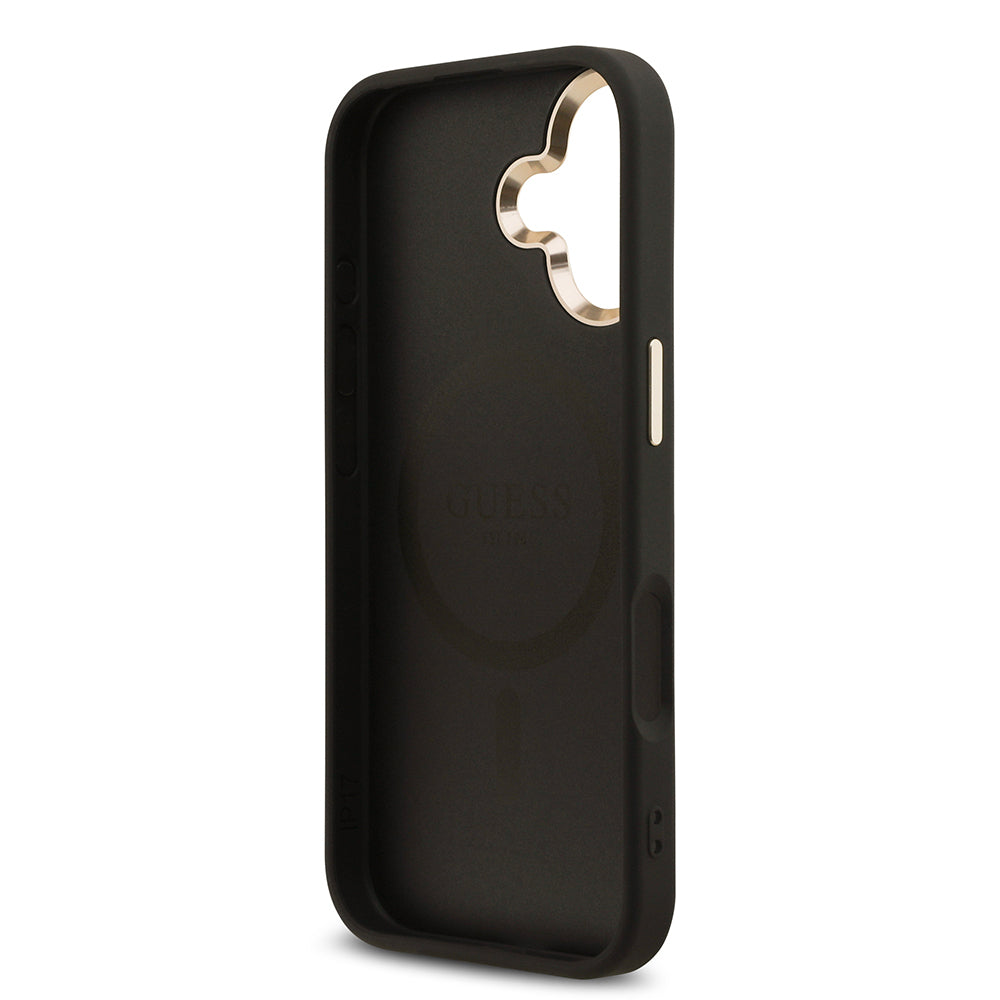 iPhone 17 Kılıf Guess Orjinal Lisanslı M-safe Şarj Özellikli Gold Metal Kamera Çerçeveli Taşlı Üçgen Logo 4G Desenli Kapak