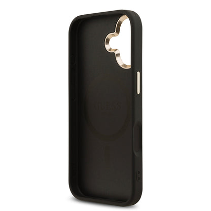 iPhone 17 Kılıf Guess Orjinal Lisanslı M-safe Şarj Özellikli Gold Metal Kamera Çerçeveli Taşlı Üçgen Logo 4G Desenli Kapak